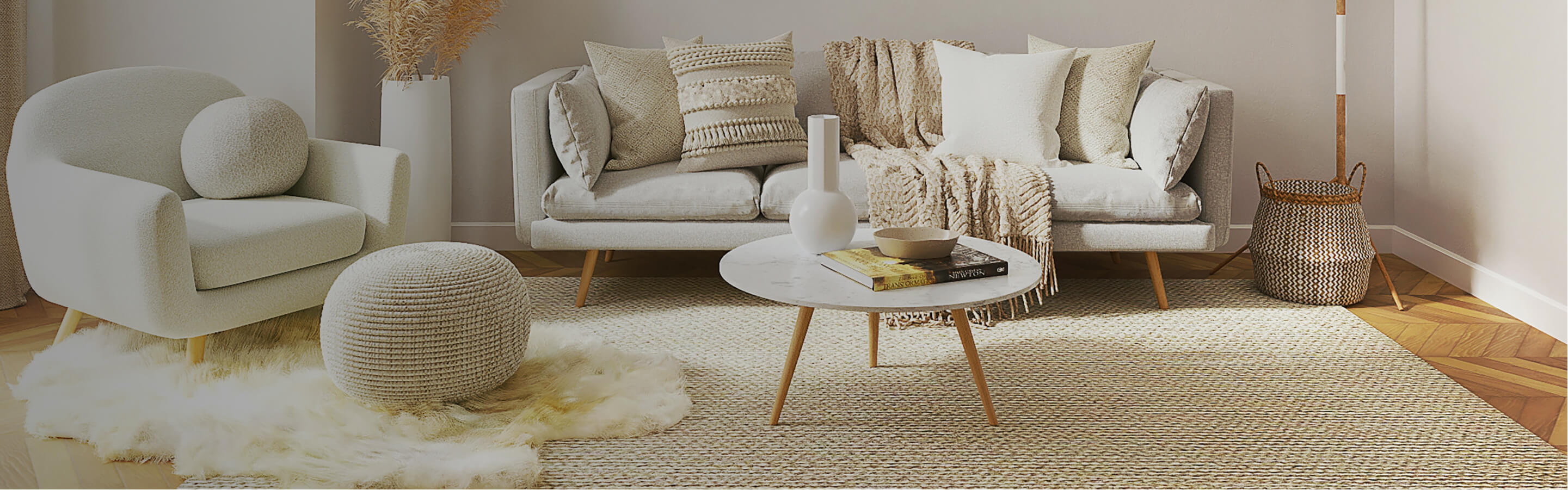 area rug in living room sitting area with cream furniture set